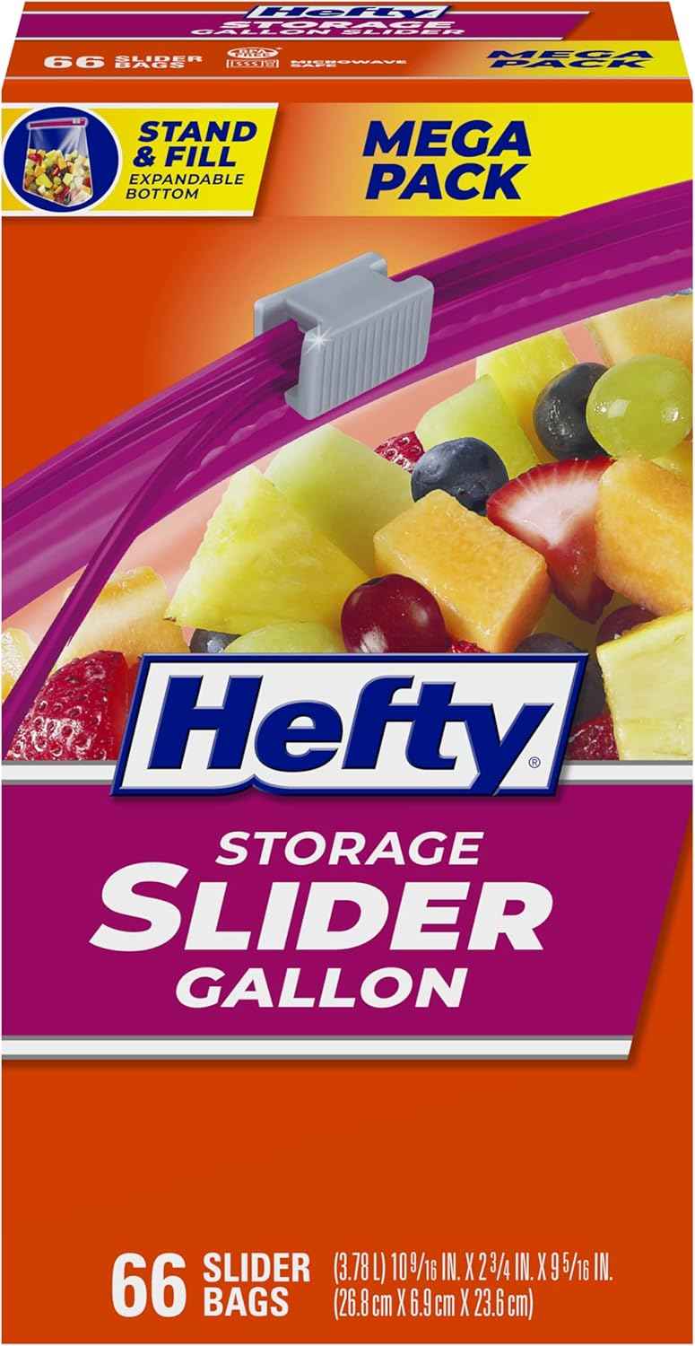 Hefty Slider Gallon Storage Bags, Gallon Size Slider Storage Bags for Storing Food, Bulk Snacks, Travel Toiletries, First Aid Kits, and More, Writable Label, Secure Zip and Click Closure