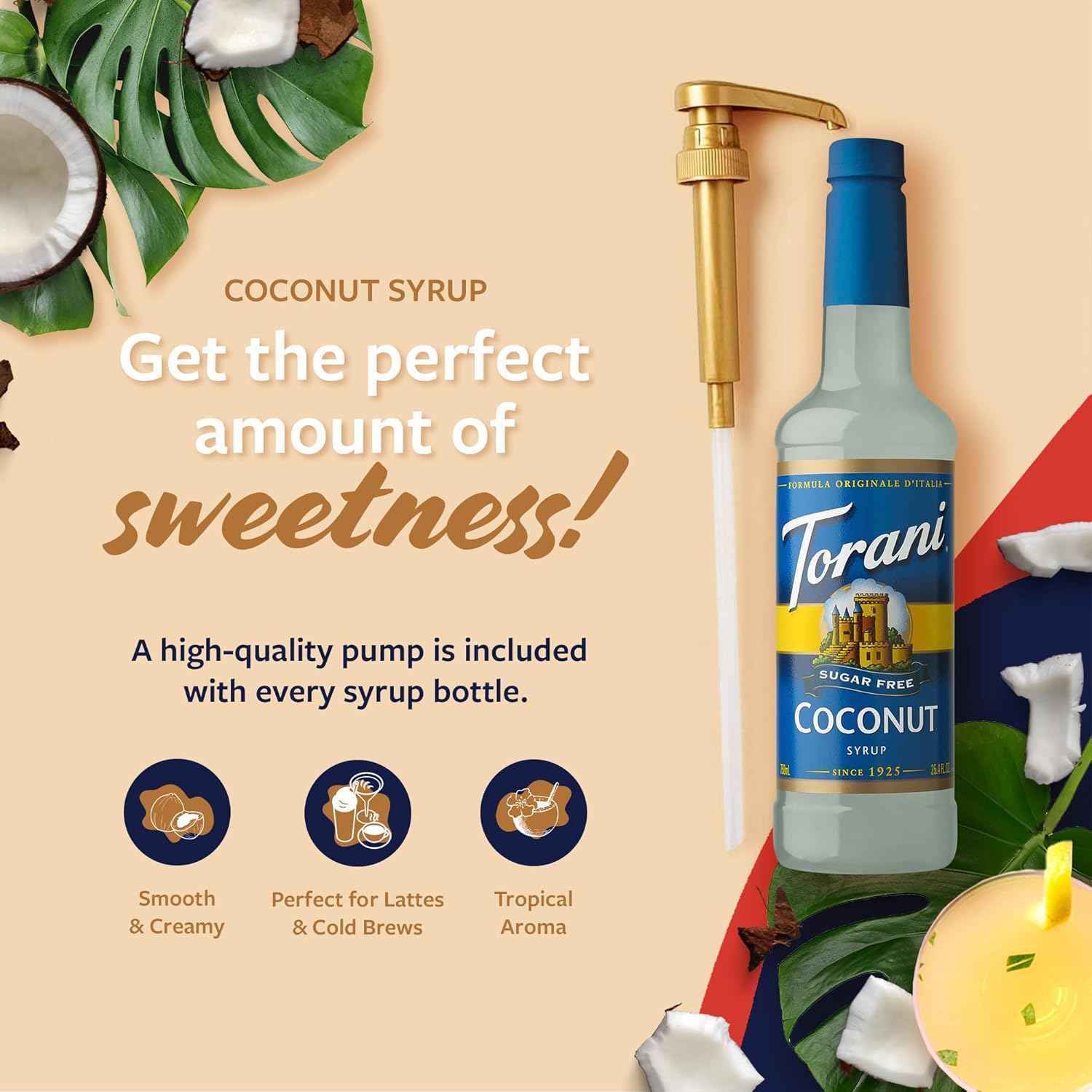 Torani Sugar Free Coffee Syrup, Coconut Flavored Syrup for Drinks, Zero Calorie, Pump Included, 25.4 Fl Oz