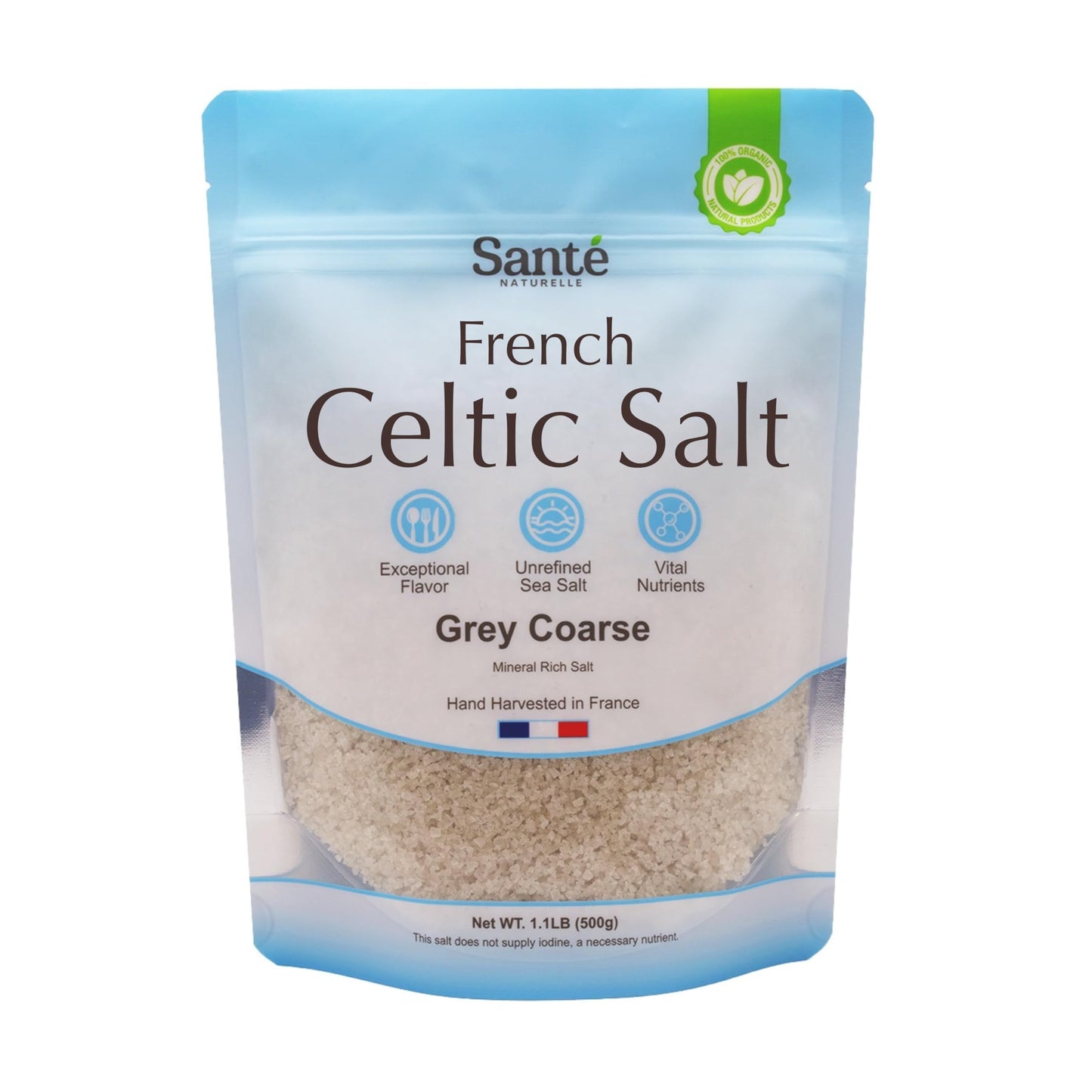 Sante Naturelle Celtic Salt Grey Coarse - 1.1lb (18oz) Unrefined French Sea Salt Organic, Rich in 82+ Minerals Salt, Hand Harvested Sal Celtica