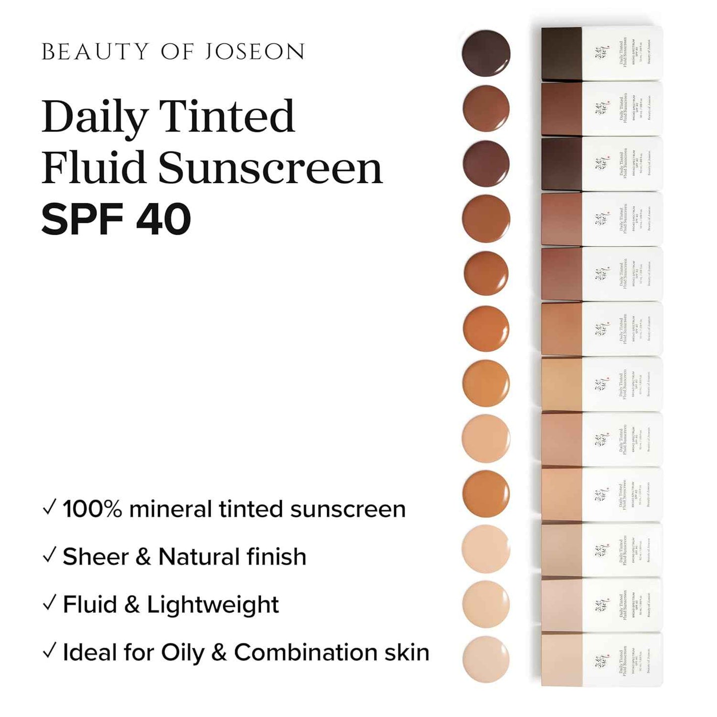 Beauty of Joseon Daily Tinted Fluid Sunscreen 12 Shades for Face Moisturizing Broad Spectrum SPF 40 Korean Skincare 50ml, 1.69 fl.oz #LN110 | 12 Shades, for Face, Moisturizing, Broad Spectrum, Korean Skincare