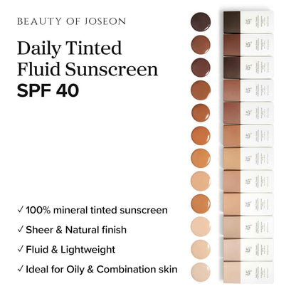 Beauty of Joseon Daily Tinted Fluid Sunscreen 12 Shades for Face Moisturizing Broad Spectrum SPF 40 Korean Skincare 50ml, 1.69 fl.oz