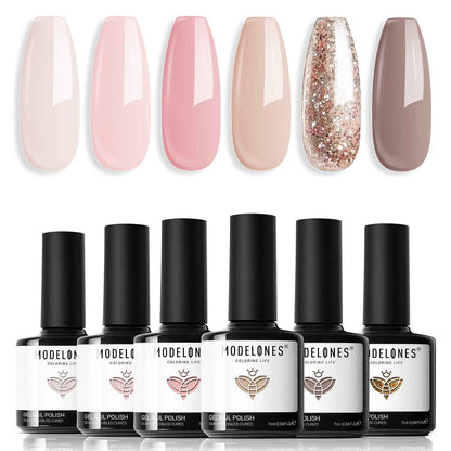 modelones Gel Nail Polish Set - 6 Colors Nude Pink Milky White Gel Polish Set Light Neutral Pink Nail Polish Barely Pink Soak Off LED Starter Kit Popular Nail Art DIY Manicure Gifts