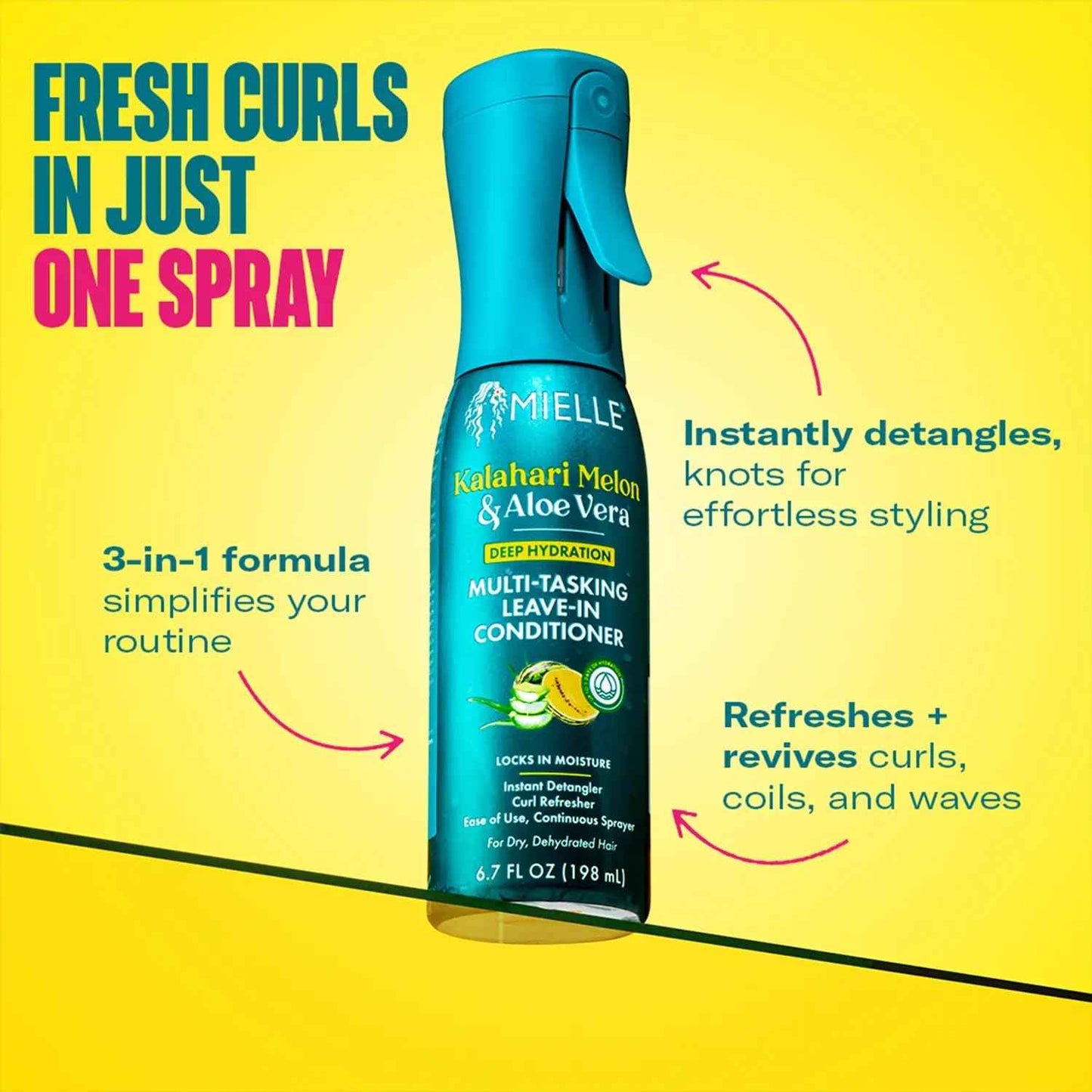 Mielle Organics Kalahari Melon & Aloe Vera Multi-Tasking Leave In Conditioner Spray - 3-in-1 Hair Detangler Spray, Curl Refresher & Moisturizer for Dry, Curly & Textured Hair, 6.7 Ounce