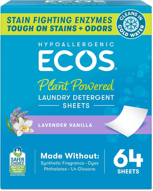ECOS Laundry Detergent Sheets Vegan, No Plastic Jug, No Mess, Liquid Free - Hypoallergenic, Plant Powered Laundry Detergent Sheet - Lavender Vanilla