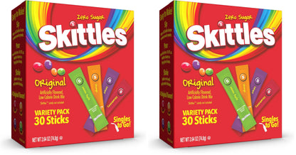 Skittles Singles To Go Variety Pack, Powdered Drink Mix, Zero Sugar, Low Calorie, Includes 4 Flavors: Green Apple, Strawberry, Grape, Orange, 1 Box (30 Single Servings) (Pack of 2)