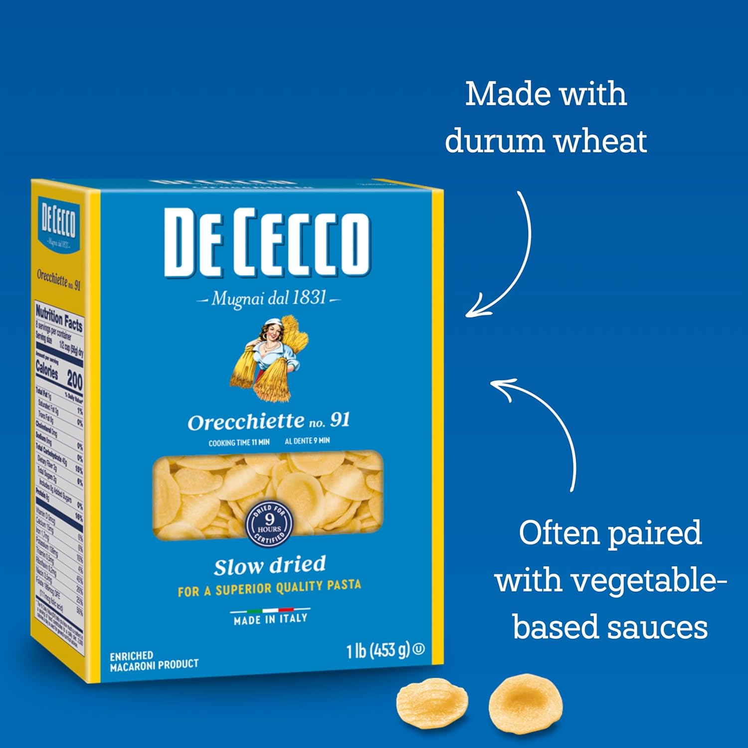 De_Cecco_Orecchiette_No._91_Pasta,_16_Oz,_Authentic,_Slow_Dried,_Made_with_Durum_Wheat,_Versatile_Pasta_for_Sauces_&_Recipes,_Made_in_Italy