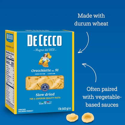 De_Cecco_Orecchiette_No._91_Pasta,_16_Oz,_Authentic,_Slow_Dried,_Made_with_Durum_Wheat,_Versatile_Pasta_for_Sauces_&_Recipes,_Made_in_Italy