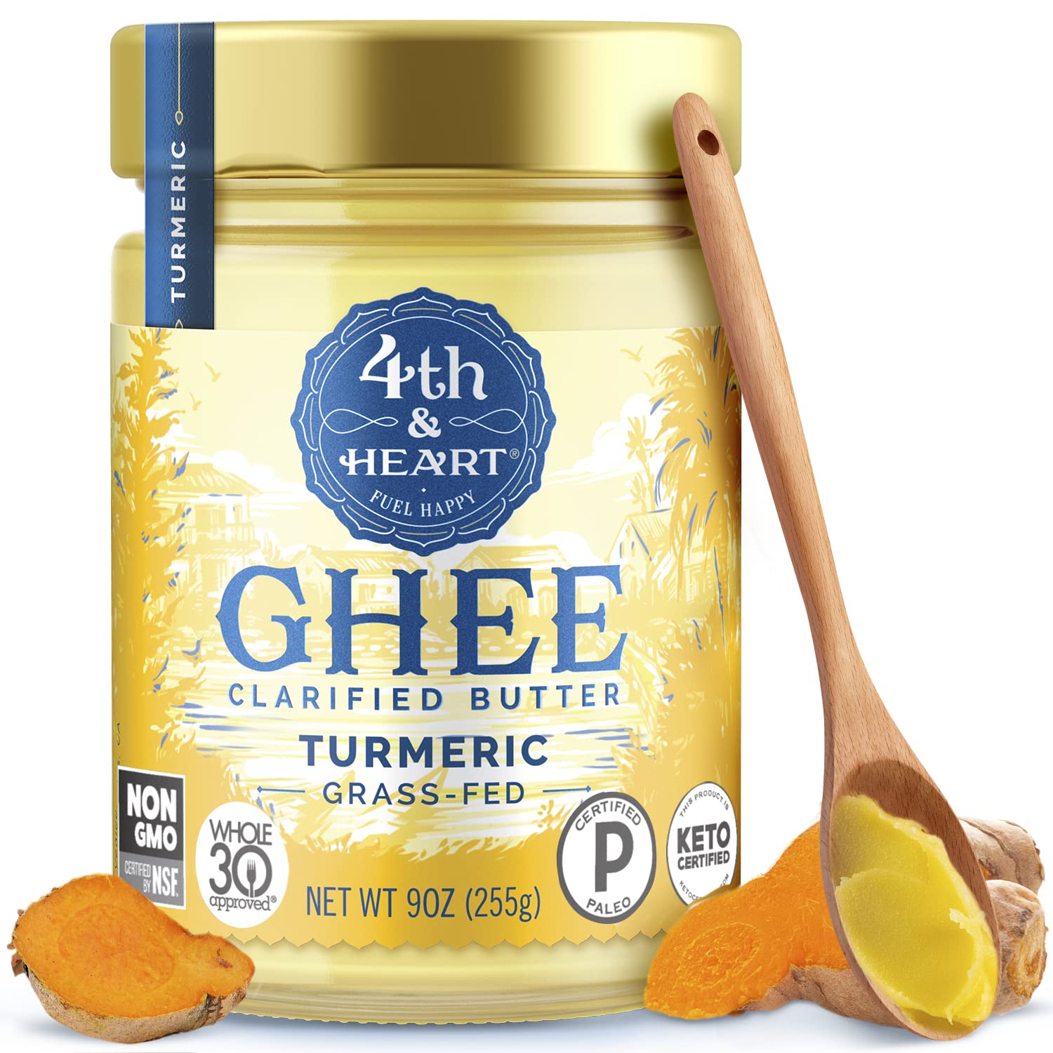 4th & Heart Turmeric Grass-Fed Ghee, Clarified Butter, Keto, Pasture Raised, Non-GMO, Lactose and Casein Free, Certified Paleo (9 Ounces)