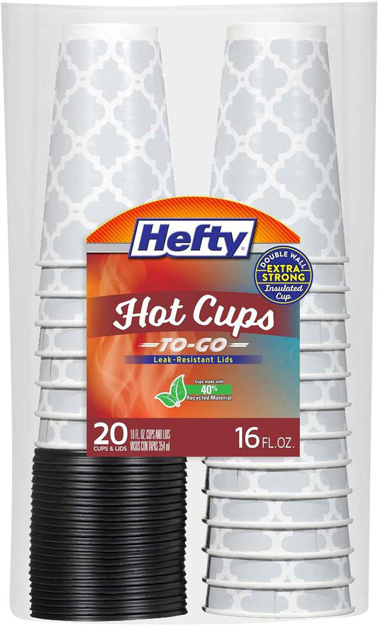 Hefty Disposable with Lids, Insulated Paper Coffee Cups for Tea, Cocoa and Hot Beverages, Leak Resistant Single Use Drink Cups, 16 Ounce