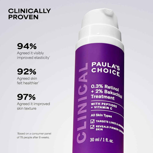 Paula's Choice CLINICAL 0.3% Retinol + 2% Bakuchiol Face Serum Treatment, Anti-Aging Serum for Face with Ceramides, Hylauronic Acid, Vitamin C & E, Deep Wrinkles & Fine Lines, Fragrance-Free, 1 oz