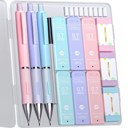 Four Candies Cute Mechanical Pencils 0.7mm, Pencil Set with 360PCS Lead Refills &amp;amp; Pastel Erasers, School Supplies with Case