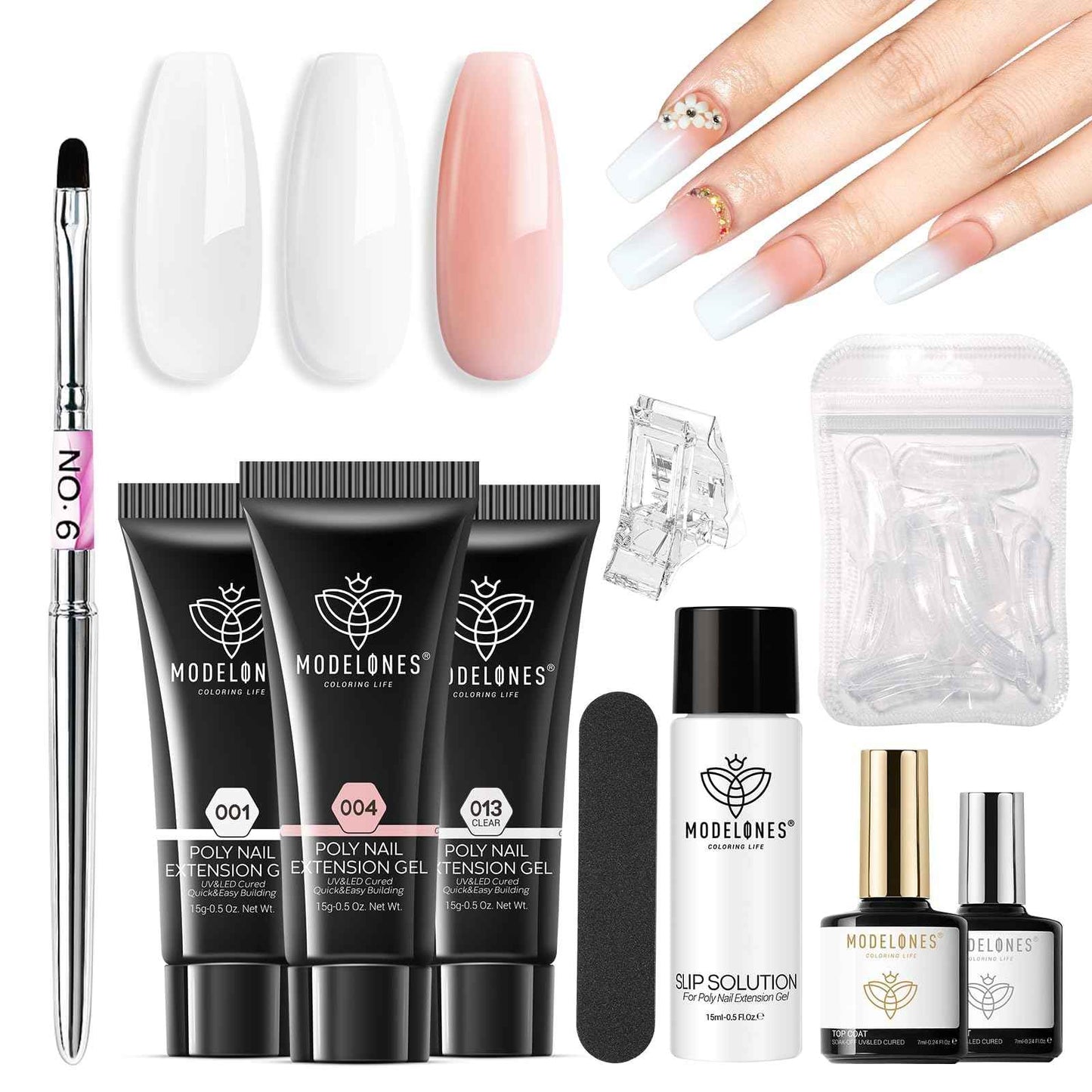 Modelones Poly Gel Nail Kit 3 Colors White Apricot with Slip Solution Dual Nail Forms Top Base Coat Extension Builder Gel Enhancement Professional Starter Kit DIY Nail Art Salon Use