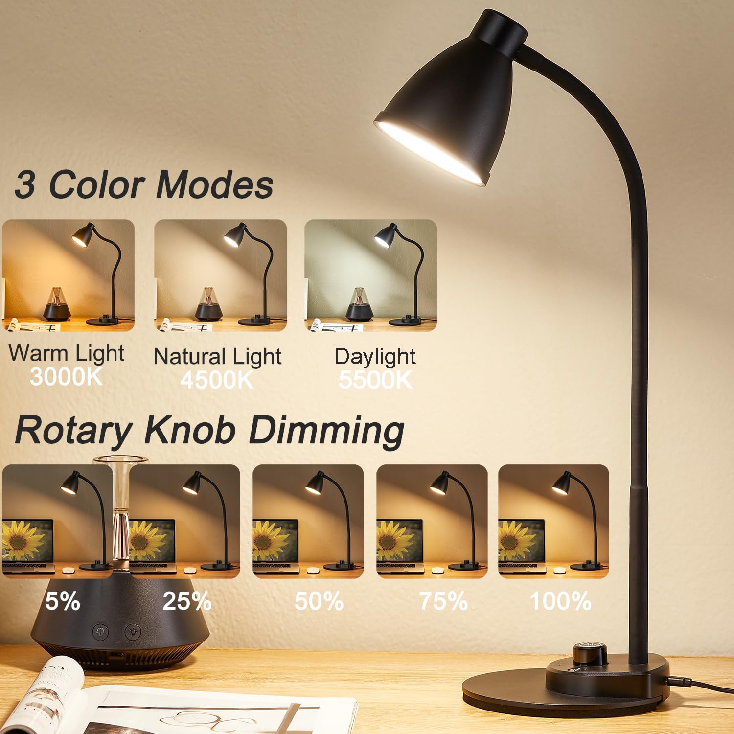 BOHON_LED_Desk_Lamp_with_USB_Charging_Port_3_Color_Modes_Dimmable_Reading_Light_Intelligent_Induction_Auto_Dimming_Task_Lamp_Neck_Flexible_Table_Lamp_for_Bedside_Office,_AC_Adapter_Include
