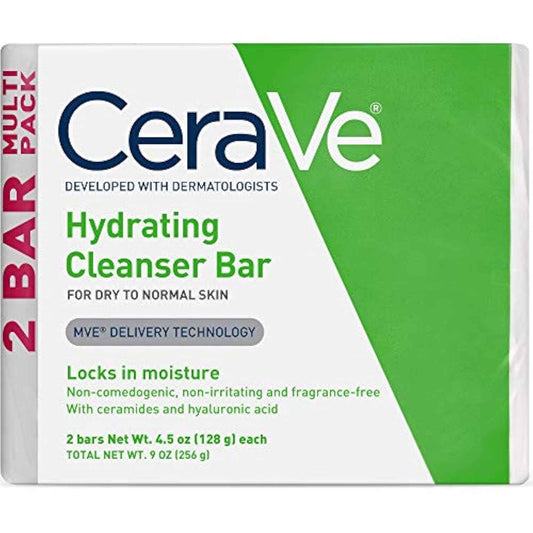 CeraVe Hydrating Cleanser Bar, Soap-Free Body and Facial Cleanser with 5% Moisturizing Cream, Fragrance-Free, 4.5 Ounce Each