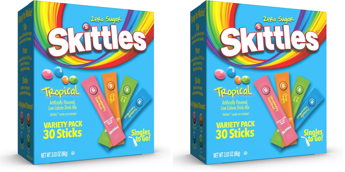Skittles Singles To Go Tropical Variety Pack, Watertok Powdered Drink Mix, Includes 4 Flavors, Strawberry Starfruit, Mango Tangelo, Kiwi Lime, Pineapple Passionfruit, 1 Box (30 Servings) (Pack of 2)