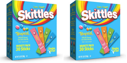 Skittles Singles To Go Tropical Variety Pack, Watertok Powdered Drink Mix, Includes 4 Flavors, Strawberry Starfruit, Mango Tangelo, Kiwi Lime, Pineapple Passionfruit, 1 Box (30 Servings) (Pack of 2)