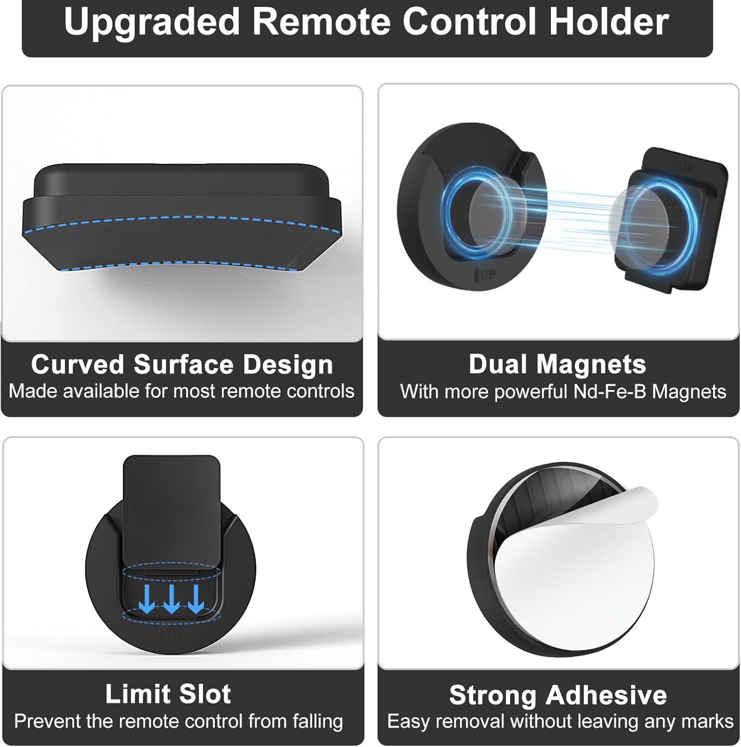 Magnetic_Remote_Control_Holder_Wall_Mount,_4_Pack_TV_Remote_Control_Holder_for_Fan/Air_Conditioner,_Self-Adhesive_Bedside_Caddy_for_TV_Backside/Bedroom/Office/RV_Home_Organizer_Storage(Black)