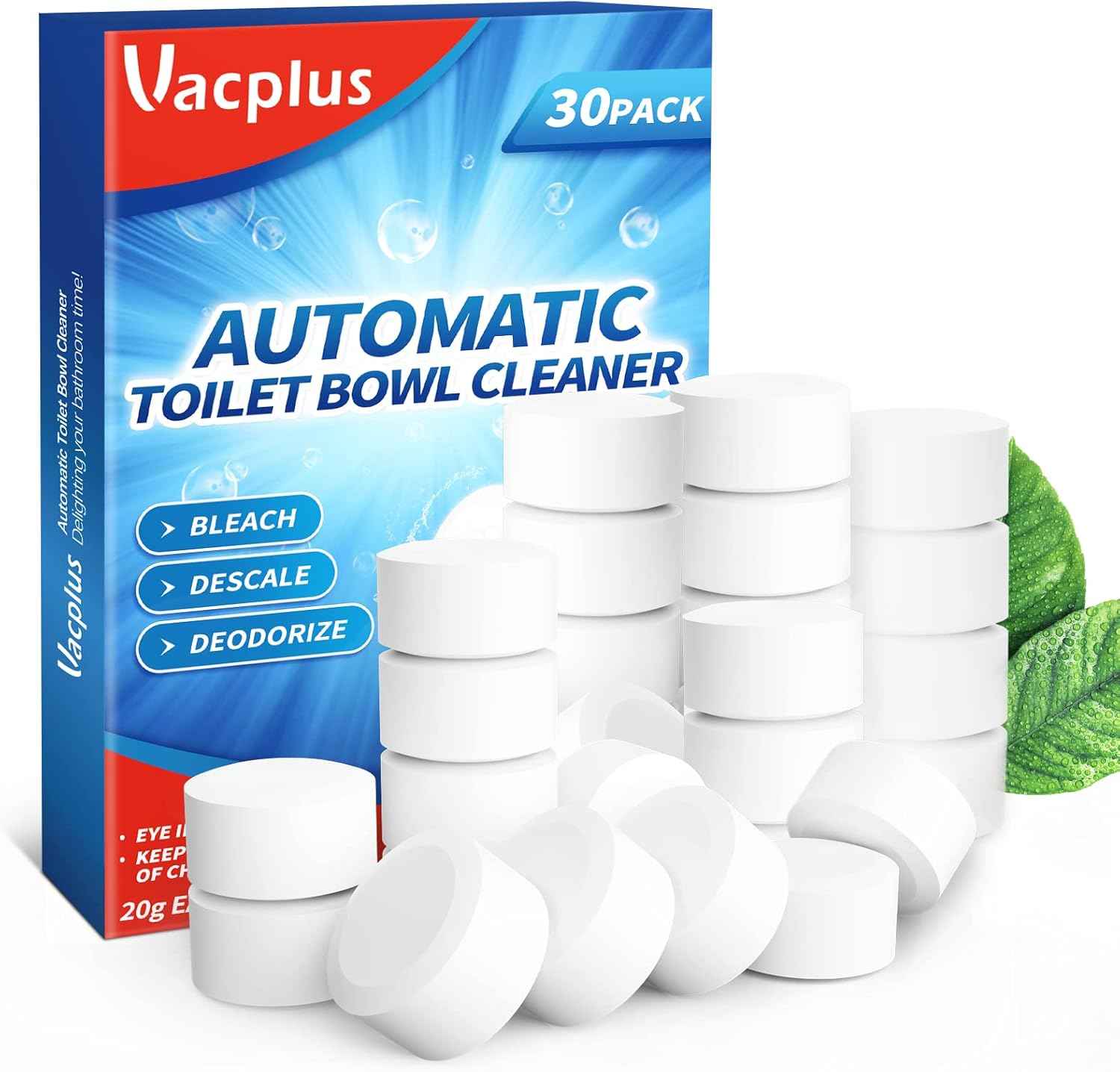 Vacplus Toilet Bowl Cleaner Tablets, Automatic Toilet Bowl Cleaners with Bleach for Deodorizing and Descaling, Bathroom Cleaner Against Tough Stains