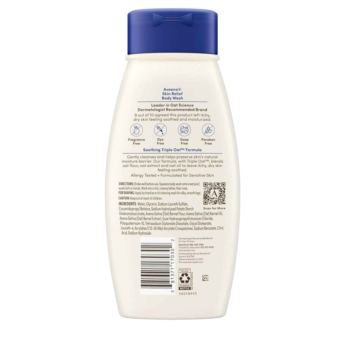 Aveeno Skin Relief Body Wash, Fragrance-Free with Triple Oat complex, Gentle Daily Cleanser for Sensitive Skin Leaves Itchy, Dry Skin Feeling Soothed & Moisturized, Soap-Free