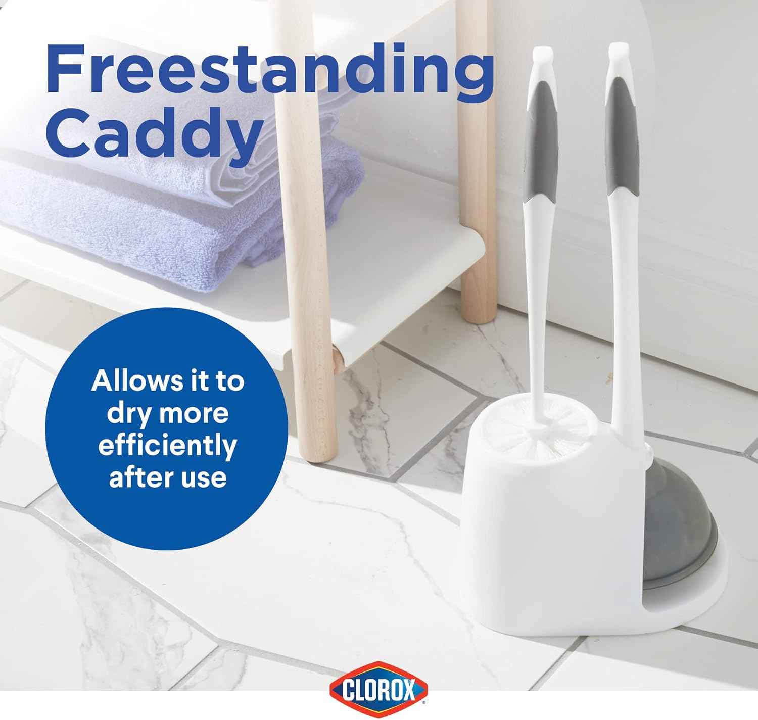 Clorox Toilet Plunger and Bowl Brush Combo with Caddy, 6.75 x 7 x 19.5 in, White/Gray