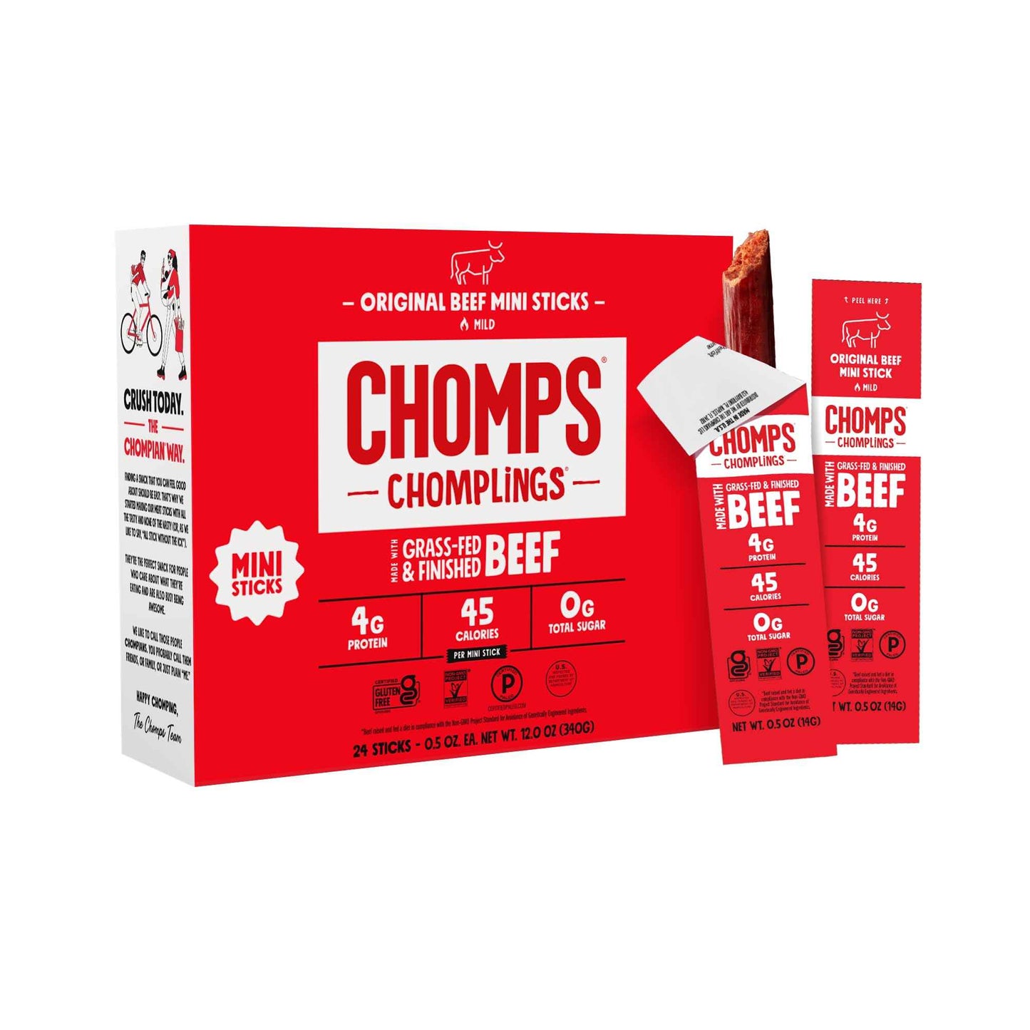 Chomps Snack Size Grass-Fed and Finished Jerky Snack Sticks 0.5oz 24-Pack - Keto, Paleo, Whole30, 4g Lean Meat Protein, Gluten-Free, Zero Sugar Food, Non-GMO Chomplings