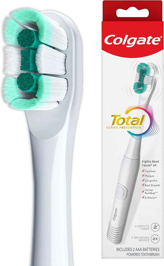 Colgate Total Battery Powered Electric Toothbrush, 1 Pack, Soft Bristle Battery Toothbrush for Adults, Includes 2 AAA Batteries and Built In 2 Minute Timer, Sensitive and Regular Brushing Modes, White