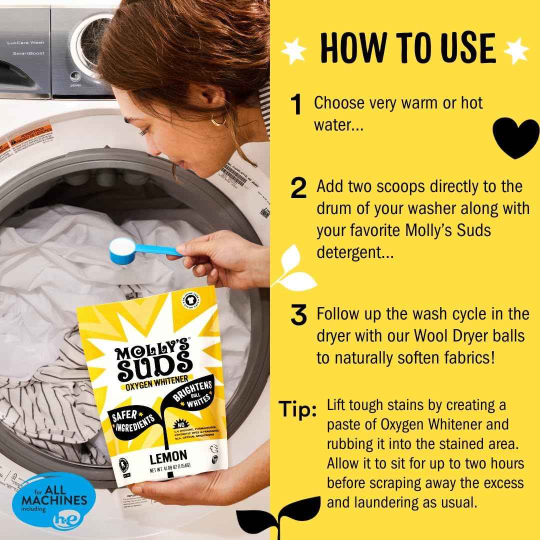 Molly's Suds Oxygen Whitener | Powerful Bleach Alternative, Chlorine Free & Color Safe | Brightens Whites and Removes Stains