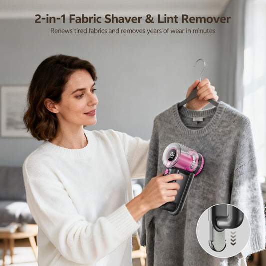 Rechargeable Fabric Shaver, 2-in-1 Lint Remover for Clothing, Furniture, Sweater with 6-Blade, 200ml Container, LED Display, 2000mAh USB-C, 3-Speed Lint Shaver Eliminates Fuzz & Pilling