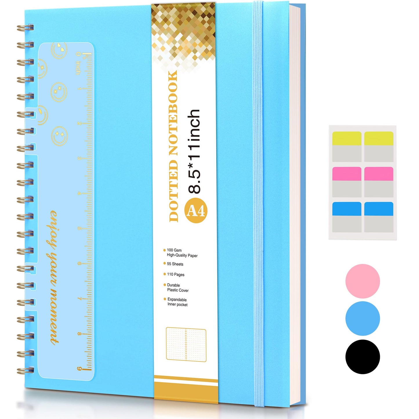 UEBZFOCS Dotted Notebook, Spiral Notebook Journal 8.5” x 11”, A4 Large Dot Grid Notebooks for Women Men, 100 GSM Dotted Paper, Plastic Hardcover Spiral Bullet Journals for Work School Sketching, Blue