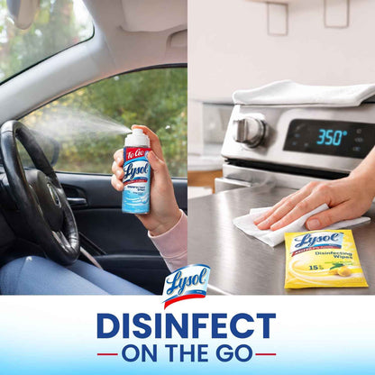 Lysol To Go Bundle - 1.5 Ounce Crisp Linen Disinfectant Spray and Lemon Lime Disinfecting Wipes Flat Pack