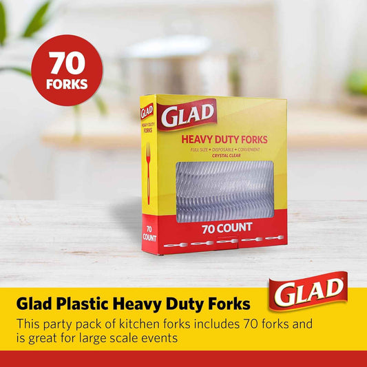 Glad Clear Heavy Duty Plastic Forks, Reduced-Plastic Open Handle, Break-Resistant Disposable or Top-Rack Reusable Cutlery for Parties, Camping & Everyday Meals, Standard Size,