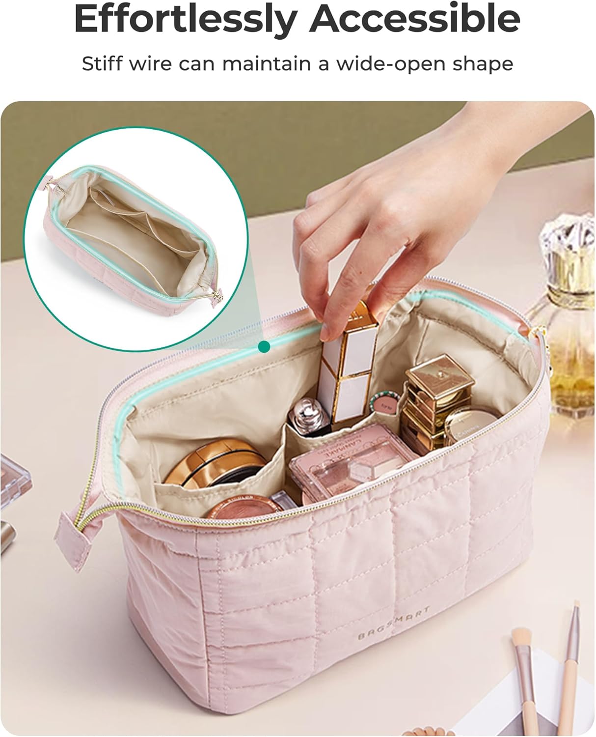 BAGSMART_Makeup_Bag_Travel_Toiletry_Bag,_Puffy_Padded_Make_Up_Bags_for_Women_Makeup_Organizer_Case,_Wide-open_Pouch_Purse_Travel_Essentials_Toiletries_Accessories_Brushes,_Pink