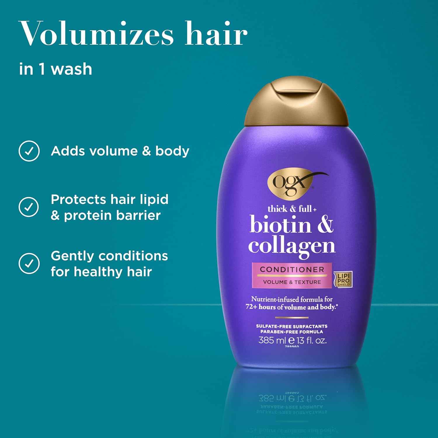 OGX Thick & Full + Biotin & Collagen Volumizing Conditioner, Nutrient-Infused Conditioner with Vitamin B7 Biotin Gives Hair Volume & Body for 72+ Hours, Sulfate-Free Surfactants