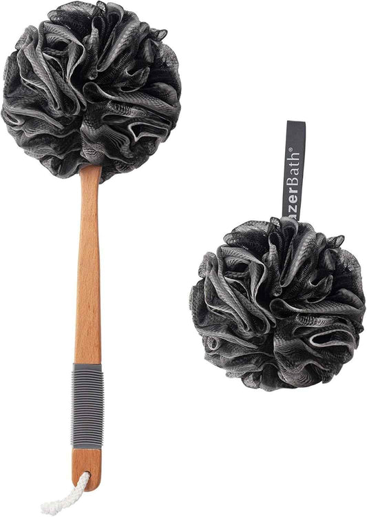 AmazerBath Shower Sponge Loofah Back Scrubber, PE Soft Mesh Loofah Body Scrubber with Long Wooden Handle, Bath Sponge for Men Women