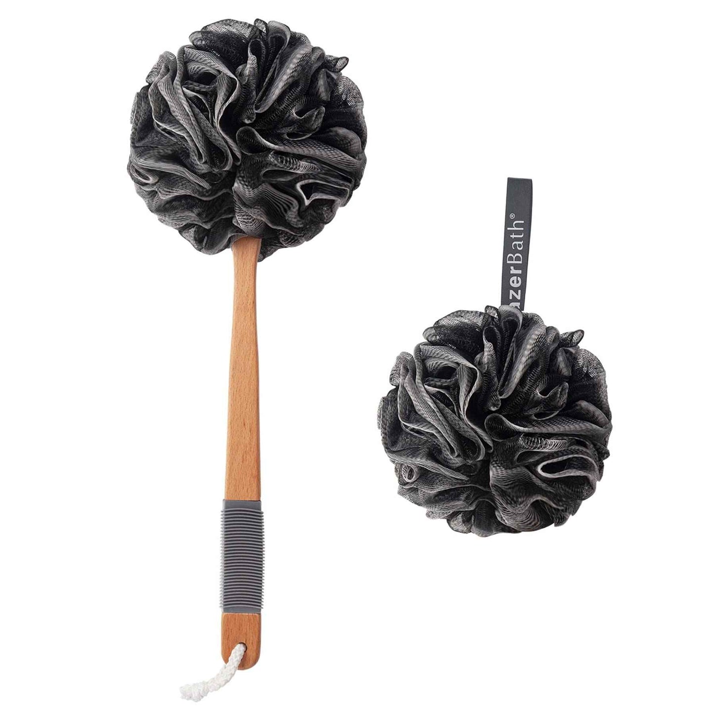 AmazerBath Shower Sponge Loofah Back Scrubber, PE Soft Mesh Loofah Body Scrubber with Long Wooden Handle, Bath Sponge for Men Women