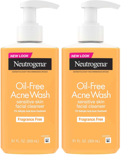 Neutrogena Oil-Free Acne Face Wash, Fragrance Free, Sensitive Skin Facial Cleanser with 2% Salicylic Acid Acne Treatment for Face, 9.1 Fl Oz
