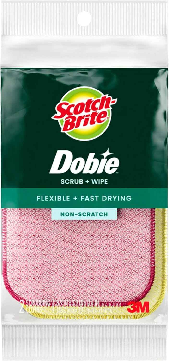 Scotch-Brite Dobie Scrub & Wipe Cloths, Sponge Cloths for Cleaning Kitchen, Bathroom, and Household, Dobie Scrub and Wipe Cloth Absorbs and Doesn't Scratch, 2 Cleaning Cloths
