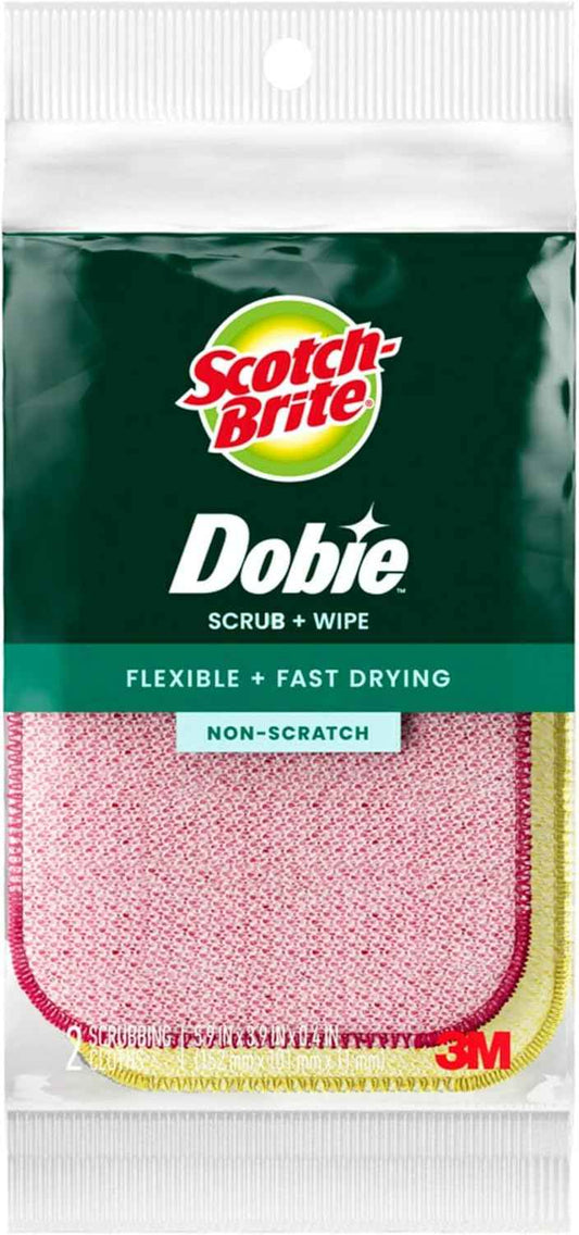 Scotch-Brite Dobie Scrub & Wipe Cloths, Sponge Cloths for Cleaning Kitchen, Bathroom, and Household, Dobie Scrub and Wipe Cloth Absorbs and Doesn't Scratch, 2 Cleaning Cloths