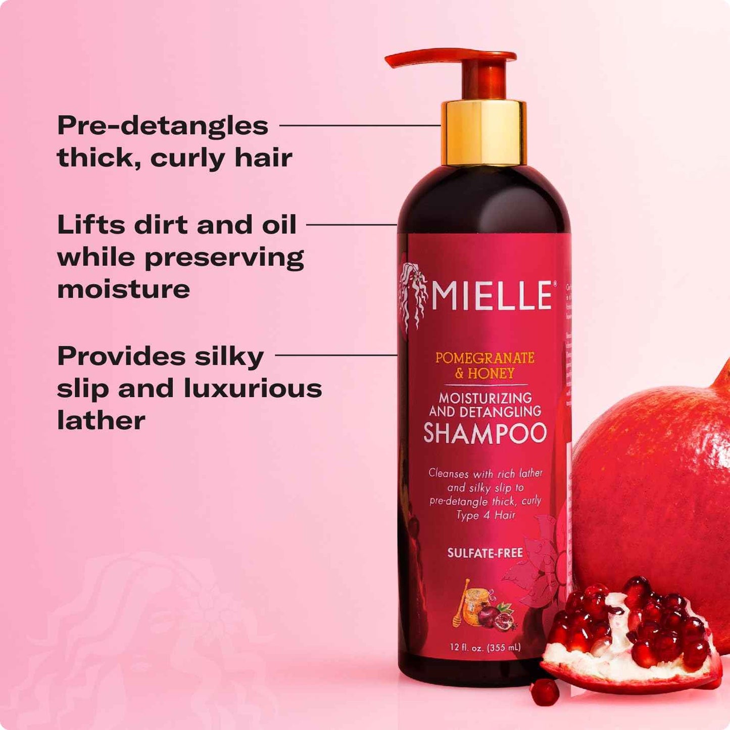 Mielle Organics Pomegranate & Honey Detangling & Moisturizing Shampoo - Curly Hair Shampoo for Women - Enriched with Honey & Babassu Oil to Lift Dirt, Loosen Tangles & Retain Moisture (12 Fl Oz)