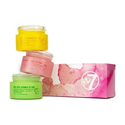 W7 Sweet Dreams Overnight Lip Mask Trio - Strawberry, Apple &amp;amp; Grapefruit Flavor Gift Set - Vitamin E, Aloe Vera and Grape Seed Oil - For Hydrated, Full Looking &amp;amp; Irresistible Lips