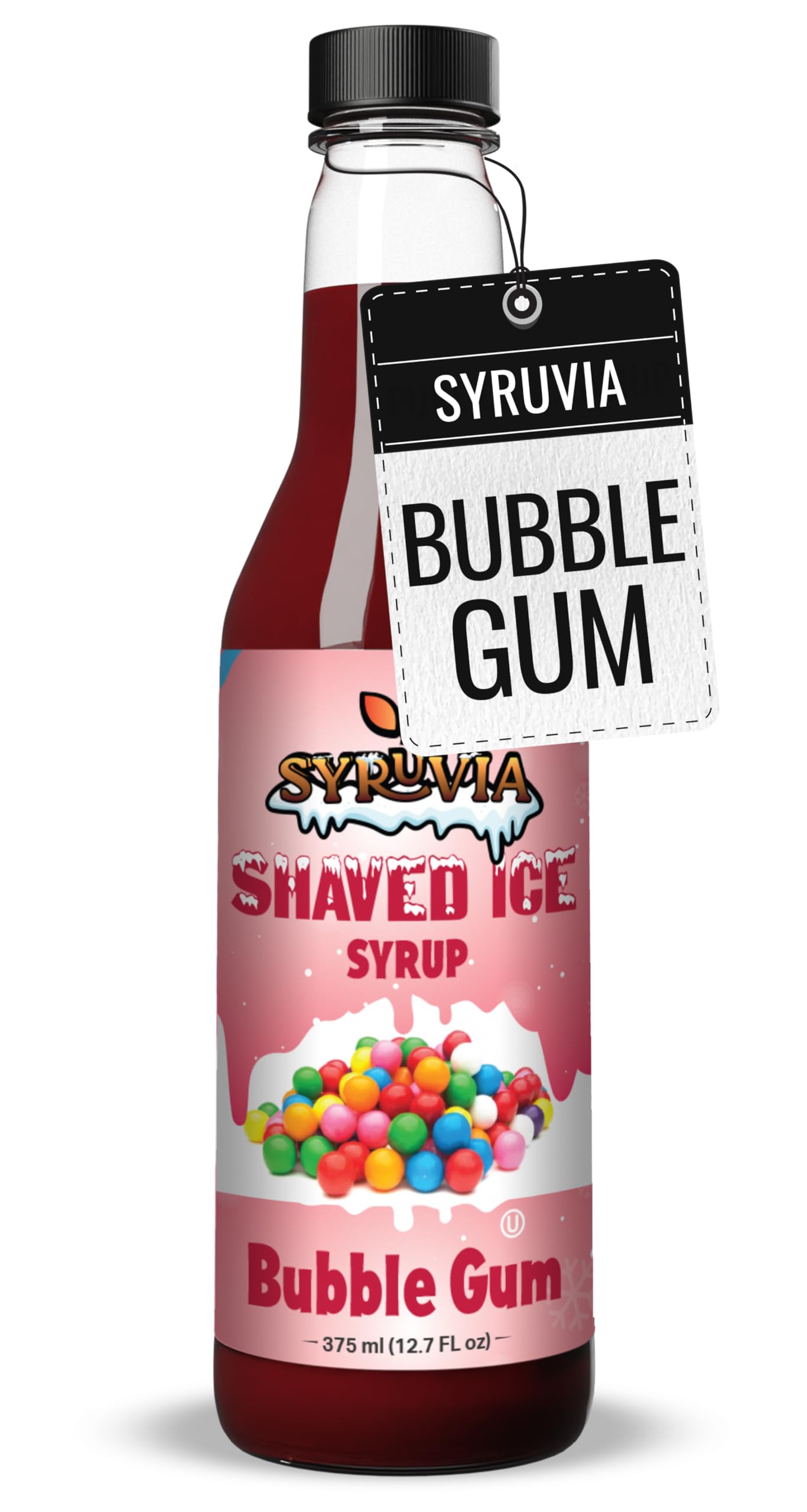 Syruvia Snow Cone Syrup 12.7oz - Bubble Gum Syrup For Shaved Ice, Snow Cones, Slushies, Italian Soda, Popsicles. Kosher, Dairy-Free.