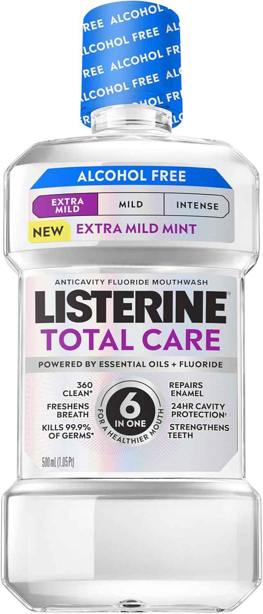 Listerine Mouthwash Total Care Anticavity Treatment for Adults Kills 99.9% of Bad Breath Germs Extra Mild Mint No Burn Alcohol Free Fluoride Mouthwash, 33.8 fl oz