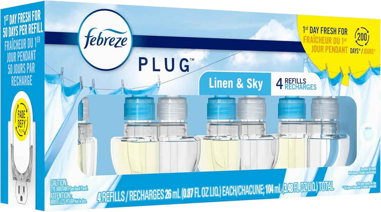 Febreze Plug In Air Freshener, Odor-Fighting Scented Oil Refill, Linen & Sky Scent, 4 Refills