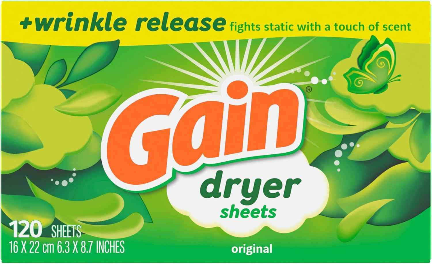 Gain dryer sheets Plus Wrinkle Release, Original Scent, Fights static with a touch of scent, laundry sheets