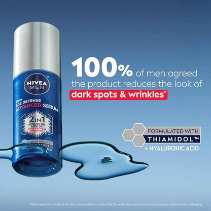 NIVEA MEN Age Defense Advanced Face Serum for Dark Spots with Thiamidol (TM) + Hyaluronic Acid, Fast-Absorbing Face Serum for Men Helps Reduce Look of Dark Spots, Fine Lines & Wrinkles, 1 Fl Oz Bottle