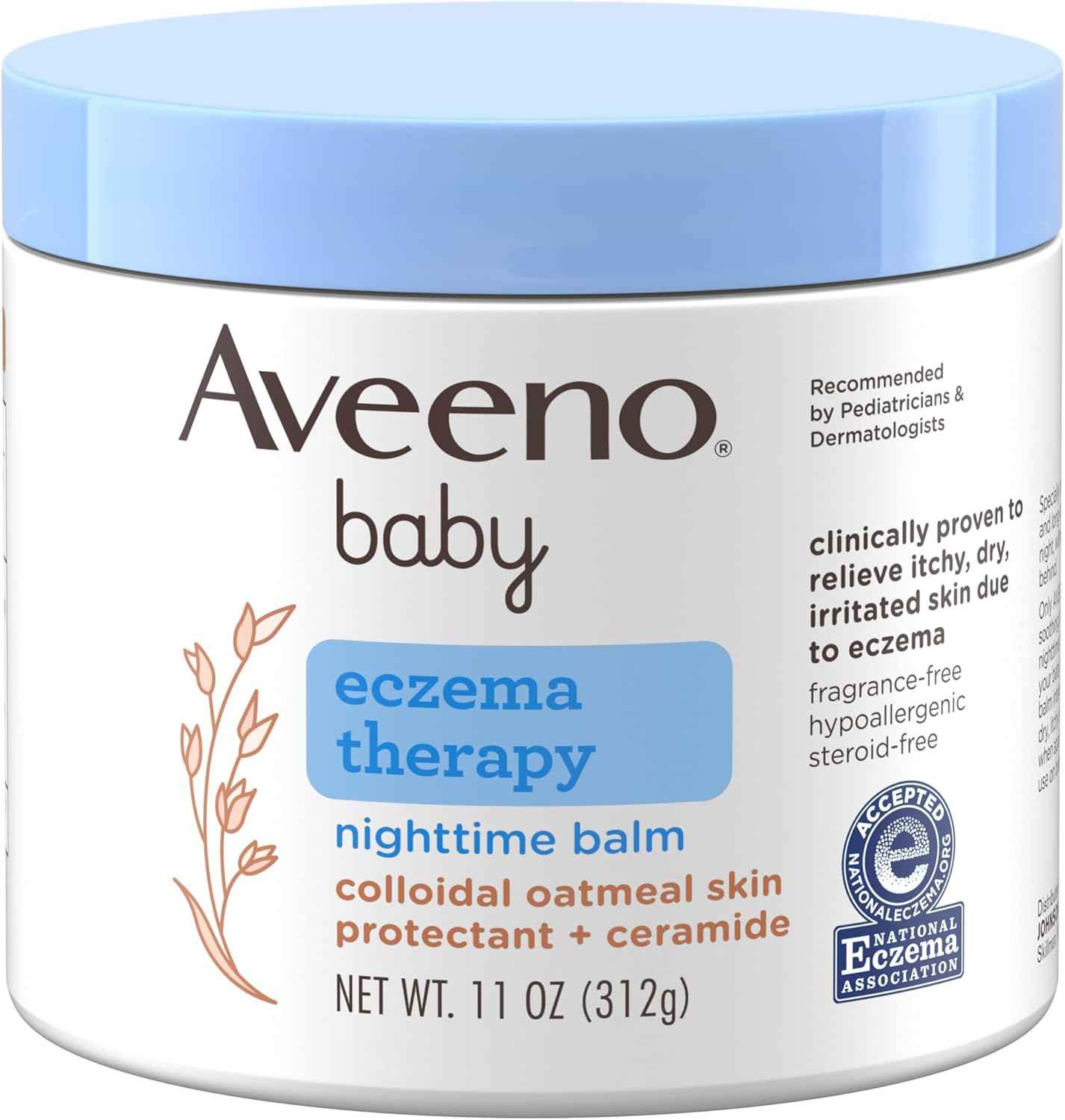 Aveeno Baby Eczema Therapy Nighttime Body Balm, Moisturizing Treatment for Face and Body, with Ceramides, Triple Oat Complex, Soothes Dry, Itchy Skin, Hypoallergenic, Fragrance and Steroid Free
