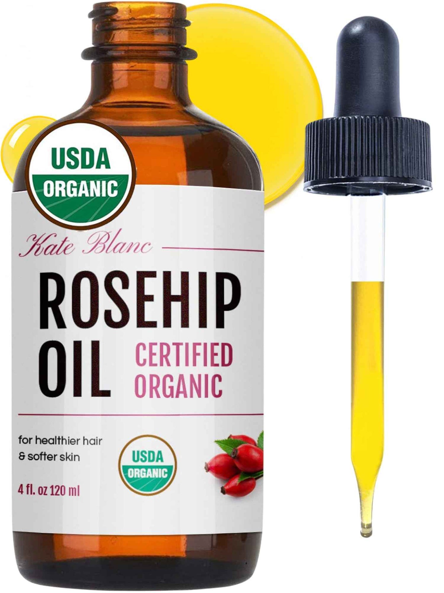 Kate Blanc Cosmetics Rosehip Seed Oil for Face, 100% Pure Organic | Cold Pressed Unrefined Rose Hip Facial Oil for Skin, Hair & Gua Sha Massage (1oz)