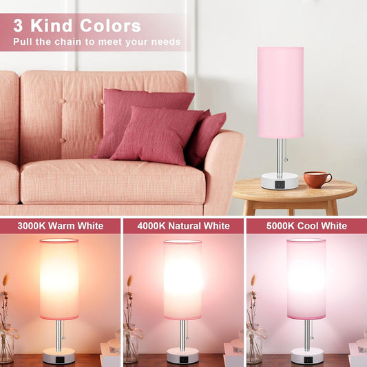 Hong-in_Pink_Bedside_Lamp_-_3_Color_Modes,_Small_Lamp_with_USB-C_and_USB-A_Charging_Ports,_Pull_Chain,_Nightstand_Light_for_Bedroom,_Office,_Kids_Room_(Bulb_Included)