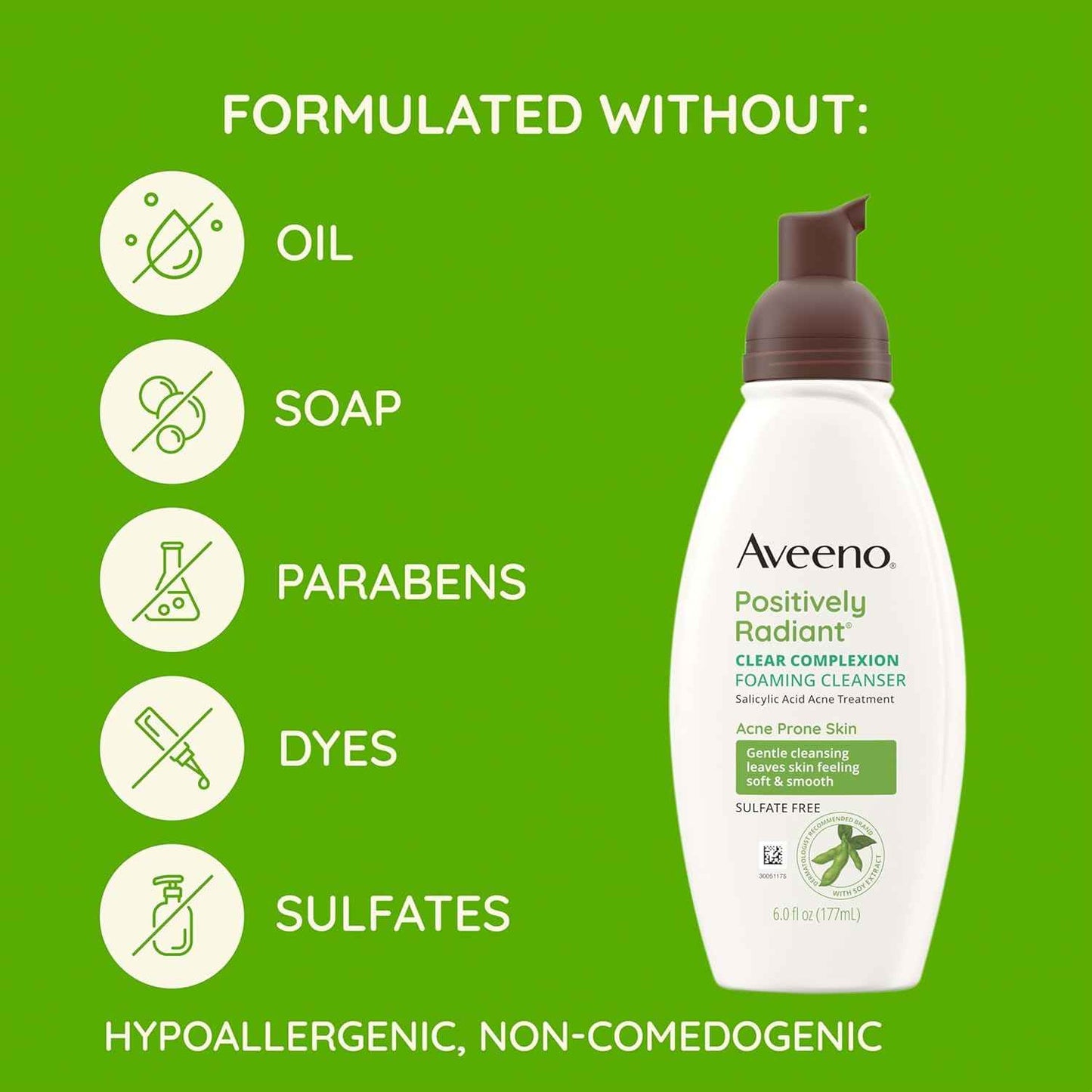 Aveeno Clear Complexion Foaming Oil-Free Facial Cleanser with Soy Extract & 0.5% Salicylic Acid, Acne Treatment Face Wash for Acne-Prone Skin, Sulfate-Free & Hypoallergenic