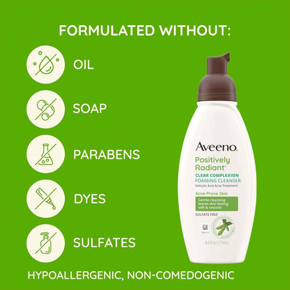 Aveeno Clear Complexion Foaming Oil-Free Facial Cleanser with Soy Extract & 0.5% Salicylic Acid, Acne Treatment Face Wash for Acne-Prone Skin, Sulfate-Free & Hypoallergenic